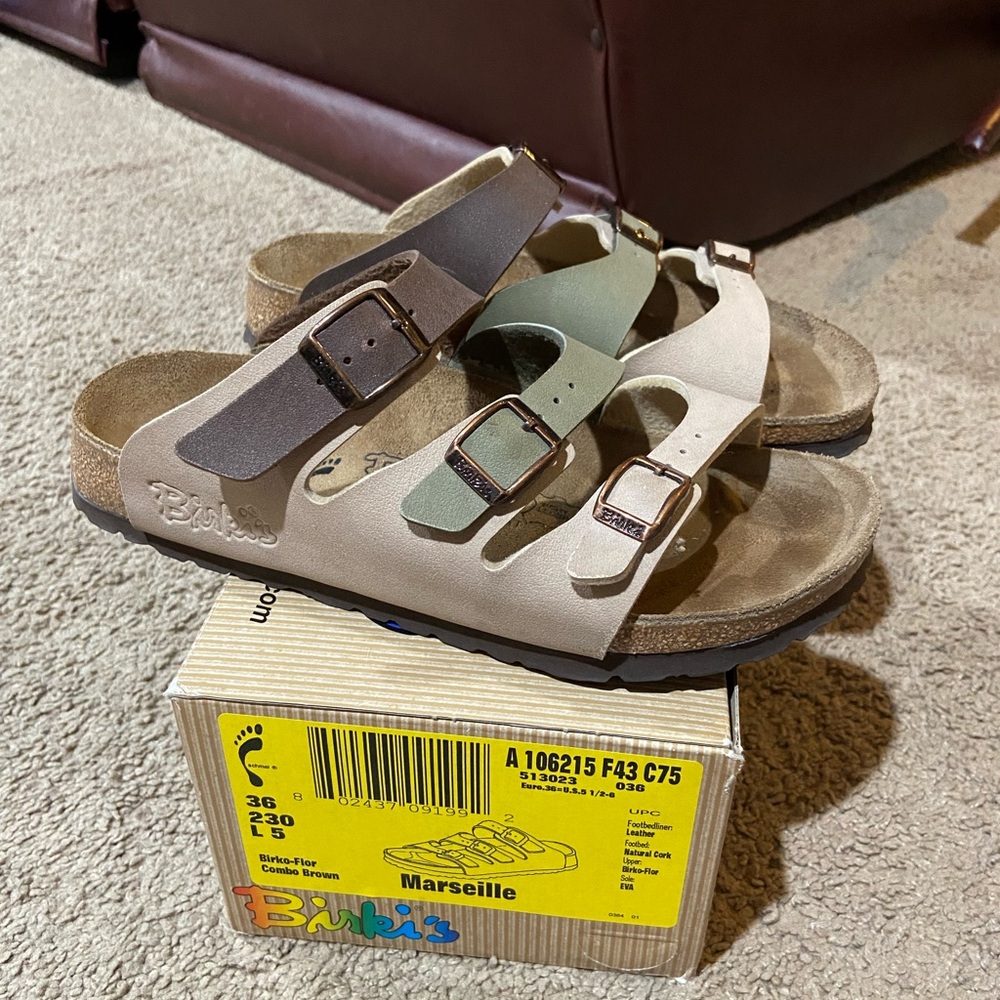 Birkenstock Birki's Marseille Women’s Sz 36 (5) Leather Sandals TriColor 3 Strap